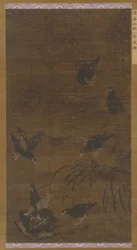 Ocho pájaros Mynah con bambú y orquídeas, dinastía Ming, siglo XVI
