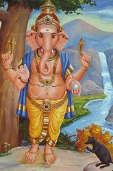 Dios hindú con cabeza de elefante Ganesh y su rata. India