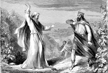 Elías, profeta del Antiguo Testamento, denunciando a Acab, rey idólatra de Israel, en la viña de Nabot