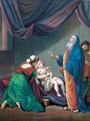 Elías, profeta del Antiguo Testamento, resucitando al hijo de la viuda de la aparente muerte, c1860