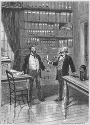 Elisha Gray, inventor estadounidense, presentando la advertencia para su teléfono, 1876, c1890