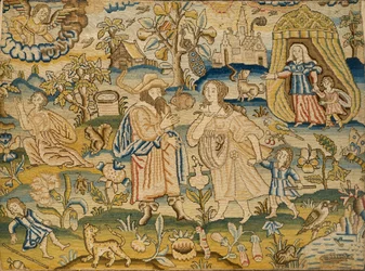 Imagen bordada: El despido de Agar por Abraham, mediados del siglo XVII