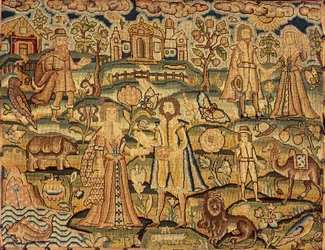 Panel de bordado mostrando personas, flores, insectos, peces y animales, siglo XVII