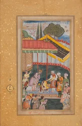 El emperador Babur recibiendo a un visitante, folio de un Baburnama El libro de Babur, ca. 1590