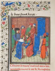 El emperador Manuel I Komnenos se reúne con el rey Amalric I de Jerusalén. Miniatura de la Historia de Guillermo de Tiro, década de 1460