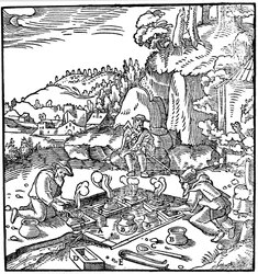 Evaporación de salmuera en una fuente termal natural para obtener sal, 1556