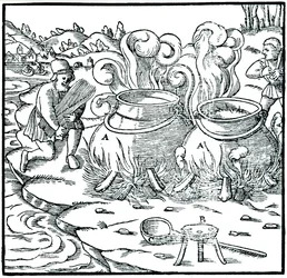 Evaporando agua de mar en ollas de hierro para obtener sal, 1556