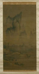 Campana vespertina del templo envuelto en niebla, Luna de otoño sobre el lago Dongting derecho, ca. 1450-1500