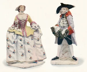 Figuras de porcelana Bow excepcionalmente raras decoradas en colores, c1750