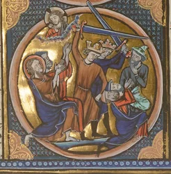 Ejecución de judíos. Miniatura de Emblèmes bibliques, ca. 1220-1230