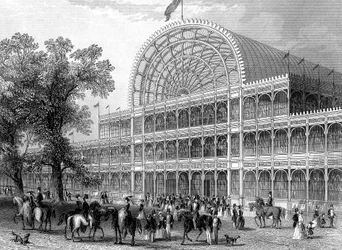 Exterior del transepto norte del Crystal Palace, Londres, construido para la Gran Exposición, 1851