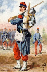 F: Infantería de línea. Grabado en "Alfabeto Militar". Iniciales del ilustrador: A. D. Editor desconocido. Cromolitografías finales del siglo XIX. Dim: 10,5x7cm.
