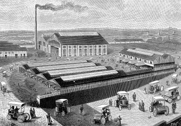 Fábrica de fabricación, recarga y mantenimiento de taxis eléctricos, Aubervilliers, Francia, 1899
