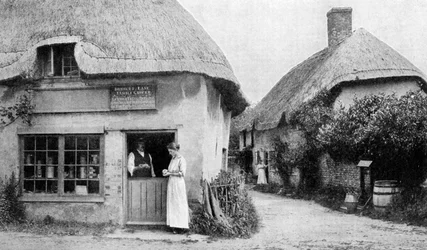 Tienda de comestibles familiar, esquina de Bradford Peverell, Wessex, c1922