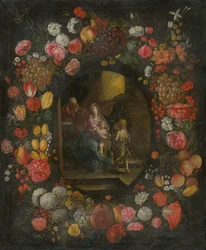 Familia en una guirnalda de flores y frutas