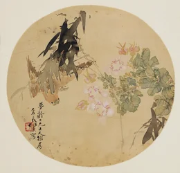 Pintura de Abanico - Flor y Pájaro, siglo XIX