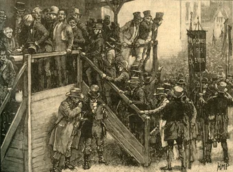 Padre John Murphy liderando a sus inquilinos a votar en la elección parcial de Clare, Irlanda, 1828 c. 1890