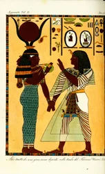 Figura de la diosa egipcia Hathor con el Rey Seti I de su tumba en Tebas, descubierta por Giovanni Battista Belzoni