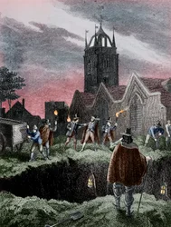 Llenando una fosa común por la noche durante la Plaga de Londres, c1665