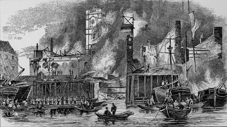 Incendio en Toppings Wharf, London Bridge, 1843, c1843, 1912
