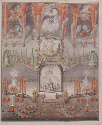 Fuegos artificiales e iluminación el 17 de septiembre de 1747 en Gostilitsy, mediados del siglo XVIII