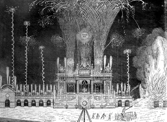 Fuegos artificiales en Green Park, St James, 27 de abril de 1749