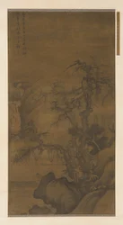 Pescador navegando bajo árboles de invierno, dinastía Ming