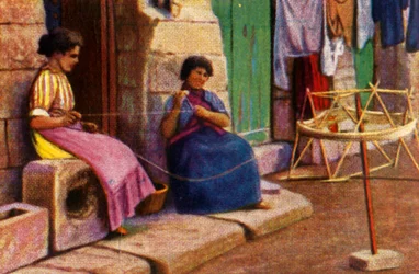Mujeres pescadoras enrollando hilo para redes, Malta, c. 1928