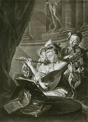 Flauta, violín y chitarrone George Frederick Handel como joven músico en Hamburgo, siglo XVIII