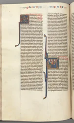 Fol. 148v, Crónicas I, inicial historiada A, tres descendientes de Adán, c. 1275-1300