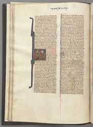 Fol. 20v, Éxodo, inicial historiada H, Moisés y dos seguidores con las tablas de la ley, c. 127