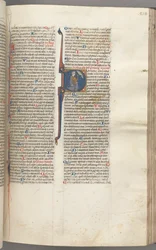Fol. 218r, Salmo 26, inicial historiada D, David arrodillado señalando sus ojos, el busto de Dios...