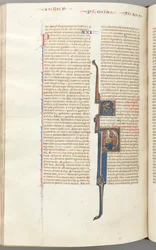 Fol. 435v, Romanos, inicial historiada P, Pablo sentado con una espada hablando con el busto de Dios