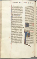 Fol. 440v, Corintios I, inicial historiada P, Pablo arrodillado hablando con el busto de Dios arriba