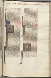 Fol. 459r, Filemón, inicial historiada P, Pablo dirigiéndose a tres hombres y hebreos