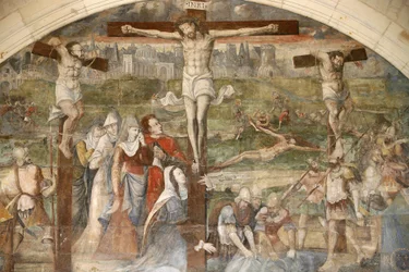 Abadía de Fontevraud sala capitular pintura: resurrección por Thomas Pot alrededor de 1563, Fontevraud, Francia