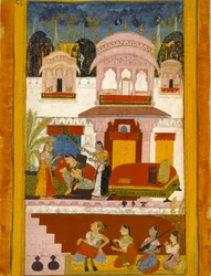 Dama desolada con doncellas, ilustrando el modo musical Patamanjari Ragini, 1695-1700