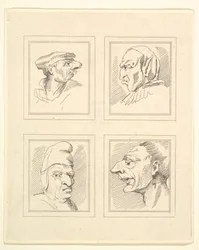 Cuatro cabezas de caricaturas de Leonardo da Vinci, de dibujos de Wincelslaus Hollar, 1786