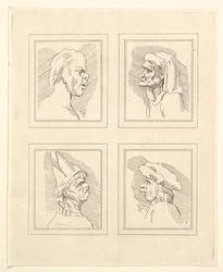 Cuatro cabezas de caricaturas de Leonardo da Vinci, de dibujos de Wincelslaus Hollar, o..., 1786