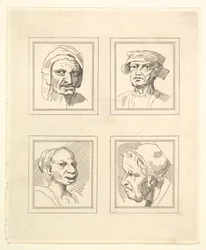 Cuatro cabezas de Caricaturas de Leonardo da Vinci, de dibujos de Wincelslaus Hollar