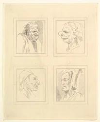 Cuatro cabezas de Caricaturas de Leonardo da Vinci, de dibujos de Wincelslaus Hollar