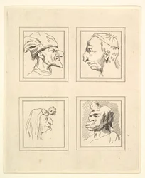 Cuatro cabezas de caricaturas de Leonardo da Vinci, de dibujos de Wincelslaus Hollar, 1786