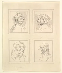Cuatro cabezas de caricaturas de Leonardo da Vinci, de dibujos de Wincelslaus Hollar, 1786