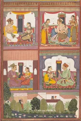 Cuatro Escenas de Amor y un Paisaje: Página de un Raskapriya Disperso, ca. 1700
