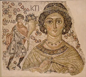 Fragmento de un mosaico de piso con una personificación de Ktisis, bizantino, 500-550