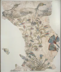 Fragmento de pavimento de yeso pintado que representa gansos salvajes despegando, XVIII Dinastía