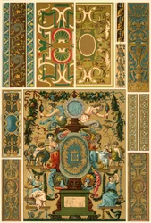 Pintura mural renacentista francesa, escultura policromada, tejido y cubiertas de libros, 1898