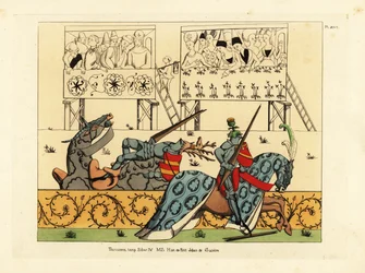 Caballero francés Jean de Saintre con yelmo y cresta de cardo derrota al caballero español Enguerrant con yelmo y cresta de ciervo en un torneo del manuscrito Histoire de Petit Jehan de Saintre, finales del siglo XV