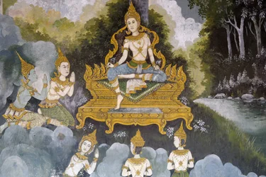 Fresco que representa una escena de la vida de Buda en Wat Phra Doi Suthep, Chiang Mai, Tailandia