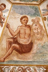 Fresco en la iglesia dominicana, Muro Leccese, Apulia: hombre sosteniendo la cabeza de San Juan Bautista, Muro Leccese, Italia